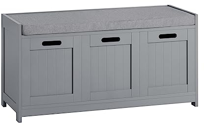 SoBuy Schuhbank mit Sitzfläche, Sitzbank mit Stauraum, schmaler Schuhschrank mit 2 Türen & Korb, für Flur & Eingangsbereich, Grau, 90x45x35cm, FSR80-SG