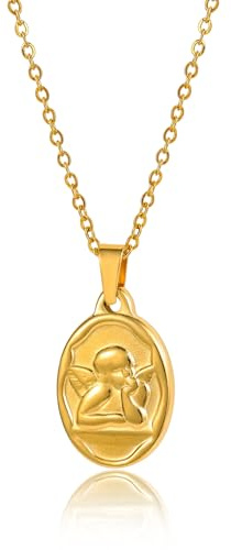 HUJUON Stainless Steel Round Coin Angel Pendant Necklace. Angel Cherub Necklace, God of Love Cupid Chain Necklace for Women (Gold)