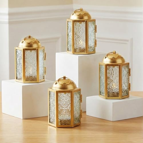 Goldene dekorative Kerzenlaterne für Hochzeiten, Terrasse und Heimdekoration, kleine marokkanische Mini-Laterne, 4er-Set