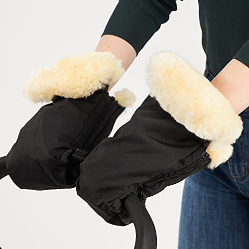Naturally Sheepskins für den Kinderwagen mit Schaffell-Manschette und Fleece Innenfutter Kälteschutz Fäustlinge Lammwolle wärmend Windschutz Größe universal (Schwarz)