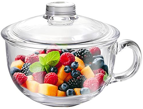 Glass Cereal Bowl With Handle and Lid - Clear Small Soup, Yogurt, Oatmeal Breakfast Bowl - Microwave Safe Glassware for Dessert, Pasta, Rice - 500ml/16 oz