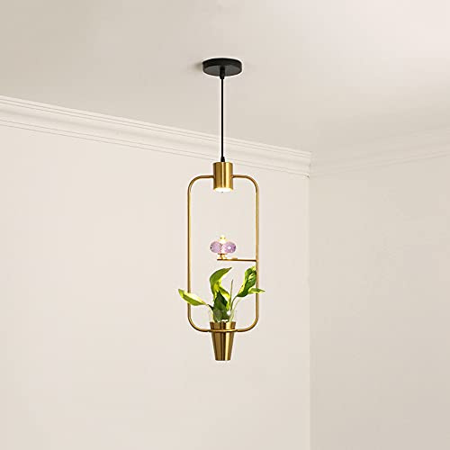 GUOGUOSM Northern Europe Single Head LED Chandelier Square Wrought Iron Lamp Stand Macaron Industrial Pendant Lights Vintage Hanging Lamp Ceiling Pendant Lamp Fixture with Green Plant Flowerpot