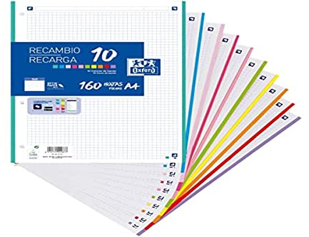 Oxford - Hojas Cuadriculadas A4 Perforadas, Recambio Archivador, 160 Hojas, Cuadrícula 5x5, 10 Colores de Banda