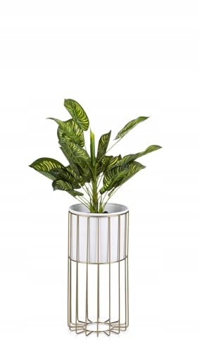 HowHomely Moderne Blumenständer Metall 42 cm Hoch mit Weiß Blumentopf Rund 19 cm Ø auf Robuste Gold Ständer - Pflanzenständer zur Dekoration Innenräumen