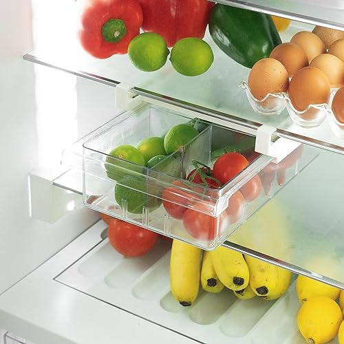 Kühlschrank Organizer Schublade - Platzsparende Küchenschrank Schublade mit 2 Teilern [1er Set] - Inkl. Einsatz für 12 Eier, Etiketten & Stift - Stufenlos verstellbar zwischen 29 und 40 cm - BPA frei