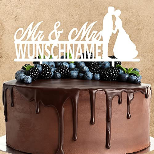Wunschtext Cake Topper aus Acryl zur Hochzeit | Mr & Mrs | personalisiert mit Wunschnamen | Kuchendeko Tortenstecker | weiß | Kuchendekoration und Tortenschmuck 100% Made in Germany
