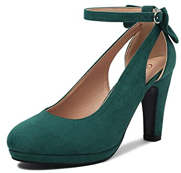 elerhythm - Tacones Mary Jane de mujer con lazada retro, punta redonda cerrada, de ante, con correa al tobillo, estilo Gatsby vintage, verde, 40 EU
