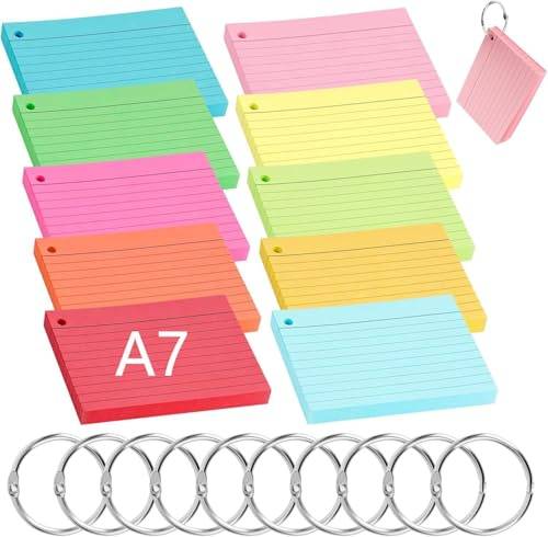 Ticeed 500 Flash Cards A7 avec 10 Anneaux de Reliure, Fiches Bristol Fiche de Revision Cartes d’index Cartes d'Apprentissage Feuilles Bristol pour Étude Mémoire, 10 Couleurs, 50 Feuilles/Couleurs