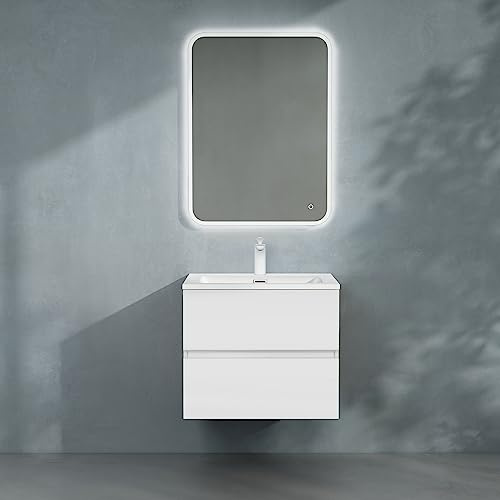 doporro Badmöbel-Set Waschbecken-Unterschrank mit LED-Spiegel Badezimmer | Wandhängendes Badmöbel-Set mit Mineralguss-Waschbecken, LED-Spiegel – elegant & pflegeleicht 60x48x50cm in Matt Weiß Aqualis