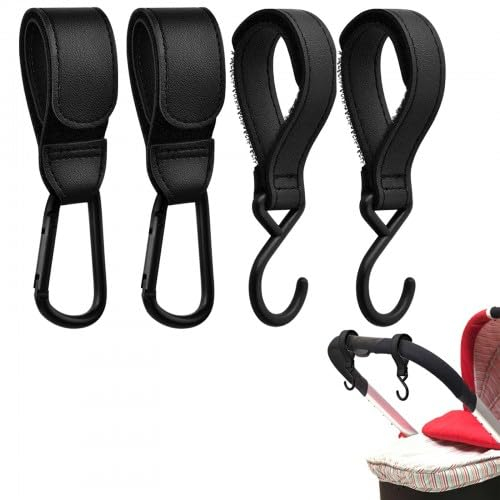 Cozlly 4er Kinderwagen Haken, Kinderwagen Clips, Klettverschluss Haken, Karabinerhaken PU, Taschenhaken, Buggy Clips für Kinderwagen Kinderwagen Zubehör für Taschen Rucksäcken, Geldbörsen Schwarz