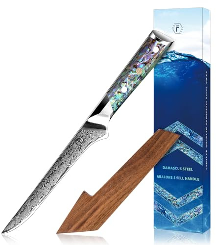 Fanteck 6 Boning Fillet Knife,Damascus Japanese Pro Vg10 67 Layer Sharp Curved Flexible Blade Kitchen Deboning Knives for Fish Poultry Chicken Meat Cutting-Full Tang Abalone Shell Handle&Wooden Cover