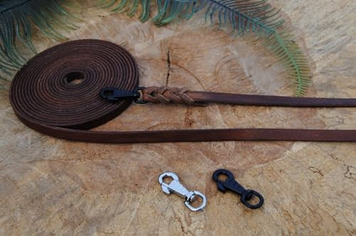 Petite Lederleine geflochten Antik 10mm Deluxe Schleppleine Fährtenleine Führleine (10m ohne Schlaufe, Karabiner: Silber)