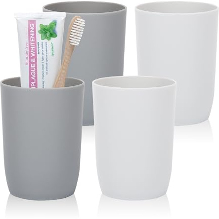 AstraLoom 280 ml × 4 Zahnbürstenbecher-Set, stapelbarer tragbarer Kunststoff-Trinkbecher, Mundspülbecher, geeignet für Badezimmer/Küche/Picknick/Reisen (grau+weiß)
