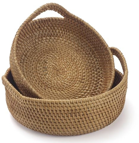 2 Pezzi Cestino Portaoggetti in Rattan con Manici, Cesto Rotondo in Vimini Naturale, Cesto di Intrecciato Decorativo per Scaffale, Tavolo