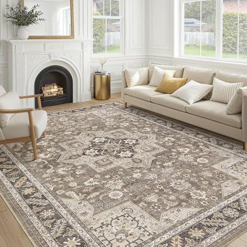 Vintage Living Room Area Rug 9x12 - Large Soft Washable Oriental Traditional Distressed Farmhouse Rugs for Bedroom - Indoor Floor Accent Carpet for Home Office House Decor - Brown