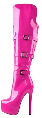Meinabsatz Damen Plateau Stiefel High Heels Langschaft Overknee Boots Stilettos mit Punk Schnalle Lack Pink 41 EU