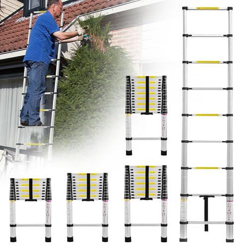 NAIZY 3,2 m teleskopstege i aluminium, teleskopstege med skjutlås, lastkapacitet, 150 kg, halkfri aluminiumstege, utdragbar stege med 11 steg