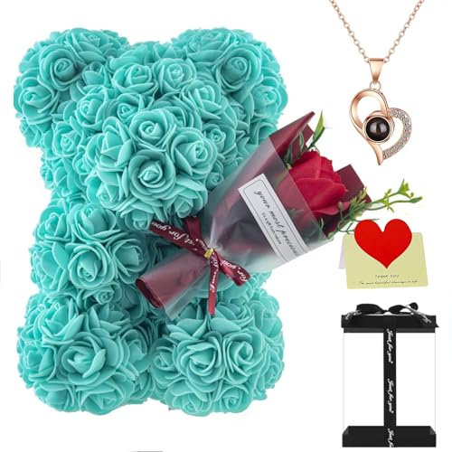 Orsacchiotto di rose artificiale, 25,4 cm, con bouquet con confezione regalo, per anniversario, Natale, matrimonio, compleanno, regalo romantico per lei (Tiffany)