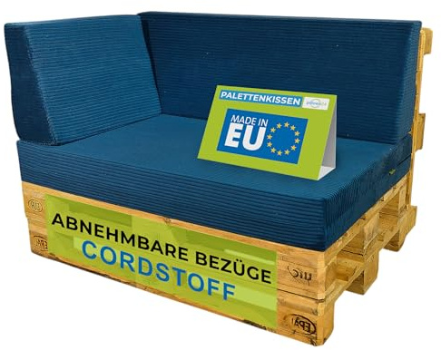 Pillows24 Palettenkissen 3er Set aus Cord, Abnehmbarer Bezug | Sitzkissen & Rückenkissen für Europaletten 120x80, Weiche Palettenauflage für Haus, Garten, Balkon, Made in EU, Blau