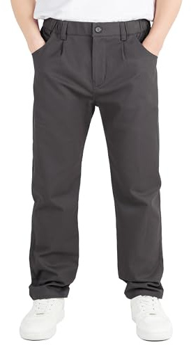 CAMLAKEE Pantalones de pierna recta para niños, pantalones chinos de uniforme escolar con bragueta de cremallera, gris oscuro, 10-11 años