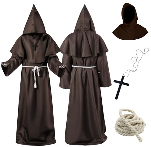 Tutukyle Mönch Kostüm, Mönch Robe mit Kreuz Halskette, Herren Mittelalter Renaissance Robe, Mönchskutte Kostüm Mittelalter Renaissance für Halloween Karneval Cosplay