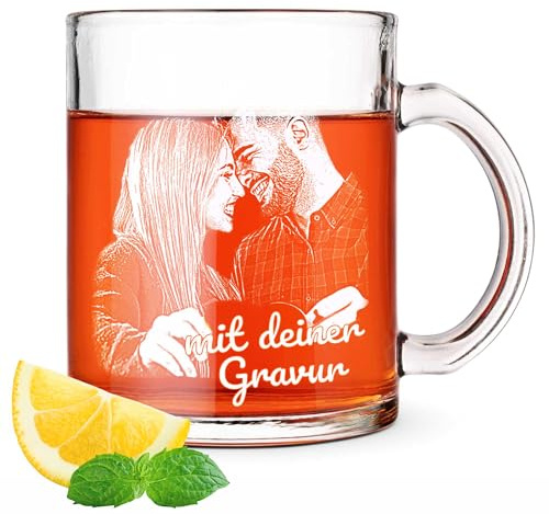 Kiwistar UG - Tasse en verre gravée avec photo et texte personnalisés - Tasse en verre avec gravure au choix - Idée cadeau pour couples, amis, famille - Tasse photo personnalisée avec nom gravé