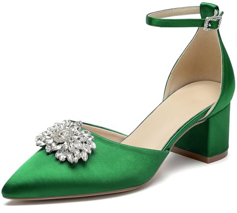 WeFloHsL para Mujer Tacón Ancho Bajo Zapatos De Boda Satén Tiras Al Tobillo Punta Puntiaguda Pedrería Zapatos De Novia Fiesta,Verde,42 EU