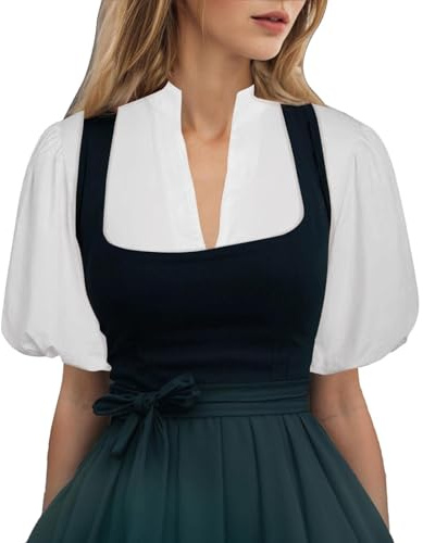 Generisch Dirndl Bluse Damen Puffärmel, Dirndlbluse Damen Elegante Trachtenbluse Spitze V Ausschnitt Weiß Dirndlblusen Zum Knöpfen Tracht Blusen Spitzenbluse für Oktoberfest & Karneval