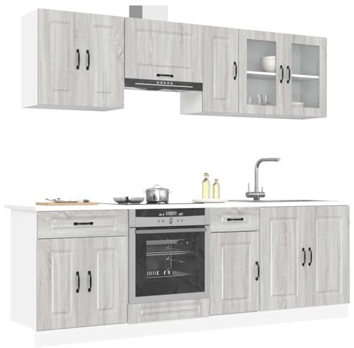 Amorsee 8-TLG. Moderne Küchenzeile ohne Elektrogeräte Küchenmöbel Komplett Grau Sonoma Küchenschrank Einbauküche Küchenblock Hängeschrank Spülenunterschrank Kalmar