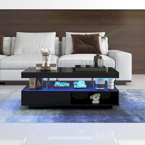 Kelodan Mesa de centro de alto brillo 95 x 50 x 42,5 cm, color negro, con 4 placas de cristal, 2 cajones y 2 compartimentos abiertos, armario bajo para salón, mesa de café