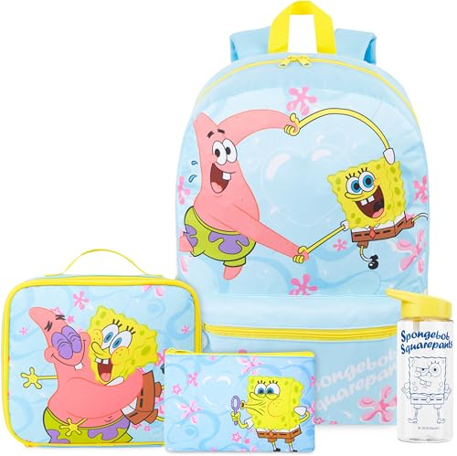 Get Trend Spongebob Kids Large Backpack 4 Pcs Set, 46cm School Bag | Rucksack with Pencil Case, Insulated Lunch Bag & 500ml BPA Free Water Bottle, School Supplies (Light Blue/Yellow SpongeBob)