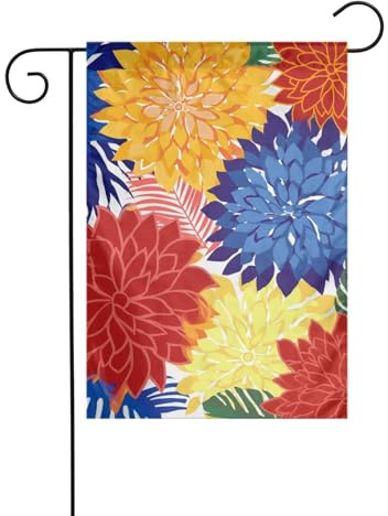 Drapeau de jardin Dahlias en rouge, jaune, orange, bleu, rose, 30 x 45 cm, double face, vertical, ferme, vacances, décorations extérieures, drapeau de cour