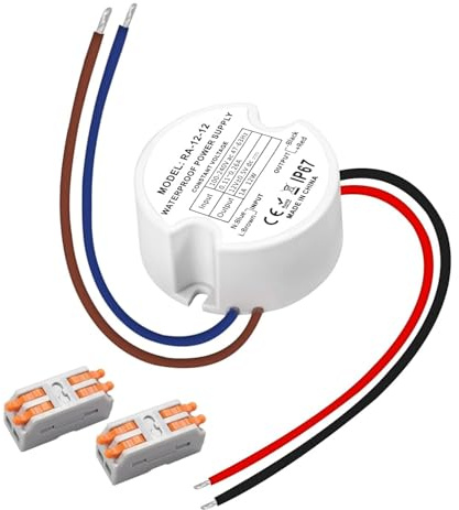 Transformador LED impermeable 12 V 12 W 1 A para interior y exterior, diseño redondo compacto Ø48 mm IP67 con doble conectores, para cintas LED, focos e iluminación decorativa en terrazas y jardines