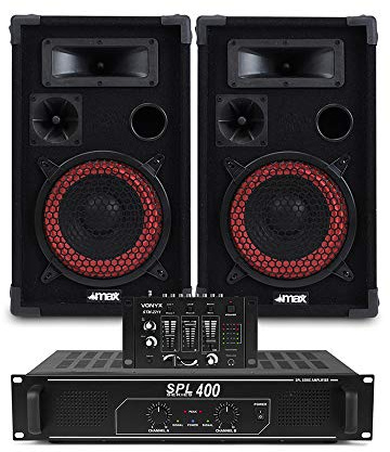 Max 8 Passive Speakers DJ Kit with SPL-400 Amplifier, 4-Channel Mixer, Audio Cables Included, 500W Home DJ Speaker System and Mixer Set for Small Parties & Events