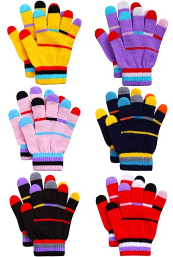 Cooraby 6 Pairs Kids Knitted Magic Gloves Teens Warm Winter Stretchy Full Fingers Gloves (Multicolors 6, 6-12 Years)