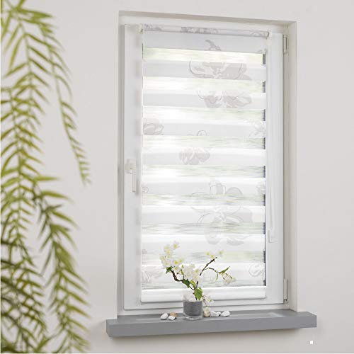 DECOLIA by Garesa Duo Rollo - Doppelrollo Klemmfix ohne Bohren 60 x 210 cm, Weiß/Taupe mit Blumen - Fenster Sichtschutz und Lichtschutz, Mit Kettenzug