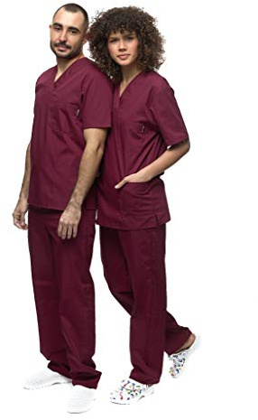 Unisex Medicinskt Uniformsset med Kasäck och Byxor, Medicinskt Skrubset, Vård Yrkeskläder, Bordeaux, XL