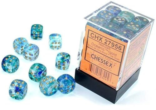 Chessex - Blocco di dadi per nebulosa, 12 mm, d6 oceanic con luminary dorate (36 dadi)