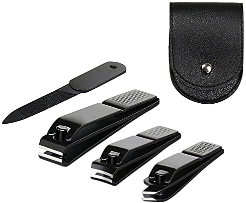 Nagelknipser-Set, ultrascharf, robust, schwarz, Edelstahl, Fingernagelknipser und eine Nagelfeile mit Leder-Reisetasche (schwarze und schwarze Tasche)