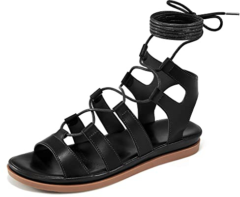 HARENCE Summer Flat Sandals for Women: Comfortable Strappy Cross Lace Up Gladiator Flats Shoes Dressy Casual Non Slip Walking Sandal