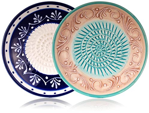 GLORIFY HOME Reibe Teller Keramikreibe Doppelpack Totana für Knoblauch Ingwer Apfel Parmesan Schokolade Rohkost und mehr, mit Reibeteller in 2 Designs