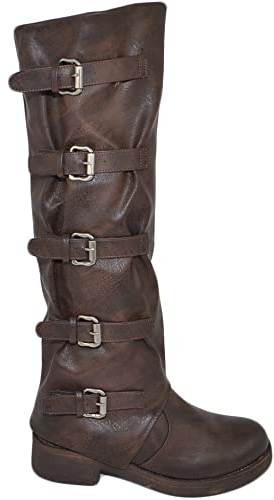 Stivali Biker Donna Alto al Ginocchio Marrone Cinque Fibbie con Zip Fondo Gomma Comfort Largo Comodo Moda (36 EU)