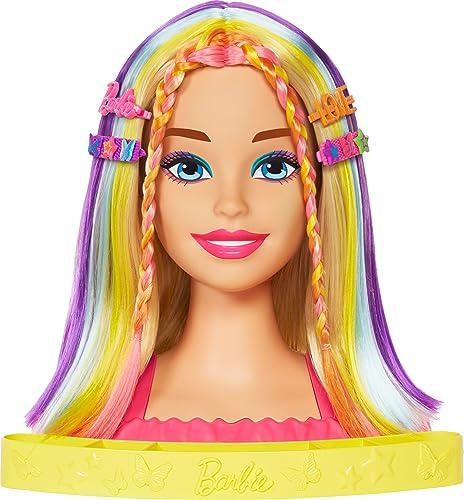 Barbie Totally Hair - Neon-Regenbogen Deluxe Styling-Kopf mit 22 Zubehörteilen, 10 Farbwechselelementen und Color Reveal-Accessoires, inklusive Aufbewahrungsfach, ab 3 Jahren, HMD78