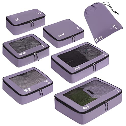 ECOHUB Koffer Organizer Packing Cubes 7-Teiliges Set Packwürfel Pet-Recycelte Packtaschen für Kofferorganizer für Rucksack schuhbeutel Kleidertaschen (Lila)