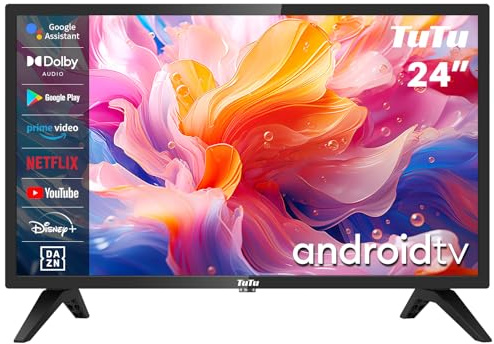 TuTu Smart TV 24 Pouces (60 cm) WiFi Bluetooth Android Connectée Téléviseurs avec Google Assistant, Google Play Store, Netflix, Prime Video, Disney+, Triple Tuner, Chromecast, TUS24HF1A