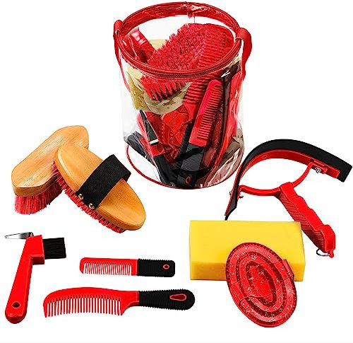 9 Pieces Horse Grooming Kit Tack Room Supplies Set with Organizer Tote Bag, Oval Massage Curry, Hard and Soft Brush, Hoof Pick, Sweat Scraper, Bathing Sponge, Combs for Horse Riders Beginners (Red)