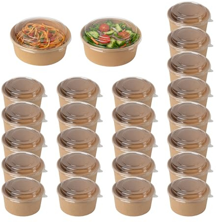 AC ALL CATERING Tazón desechable de Ensalada y Sopa marrón kraft Redondo 750 ml con tapa PET