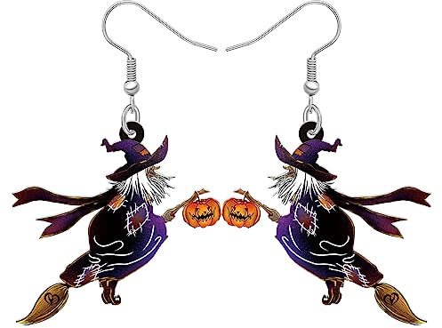 LONYOO Acryl Niedlich Hut Hexe Ohrringe Dangle Schmuck Fledermaus Flügel Besen Charms Geschenke für Frauen Mädchen Halloween Favors