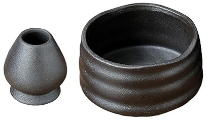 kowaku Bols à Matcha en céramique avec Porte-Fouet, Bols à thé de 470 ML, Tasse à Matcha pour Les Vacances, la Maison, la Table, Cadeau pour Les Amis, la, Noir