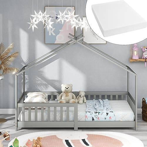 KUAKE Schönes Hausbett Kinderbett 200x90cm,Vollholz mit Zaun und Lattenrost, mit Rausfallschutz für Kinder- und Jugendzimmer, Mit Matratzen(grau)